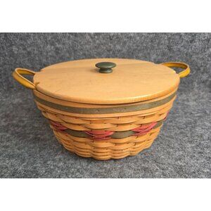 Longaberger 1999 Signed Pine Cone Basket w/ Lid & Liner Handwoven Wooden Lid